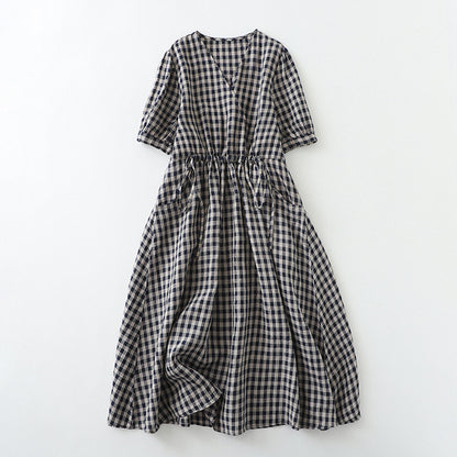 Robe à carreaux rétro élastique à manches courtes en coton et lin