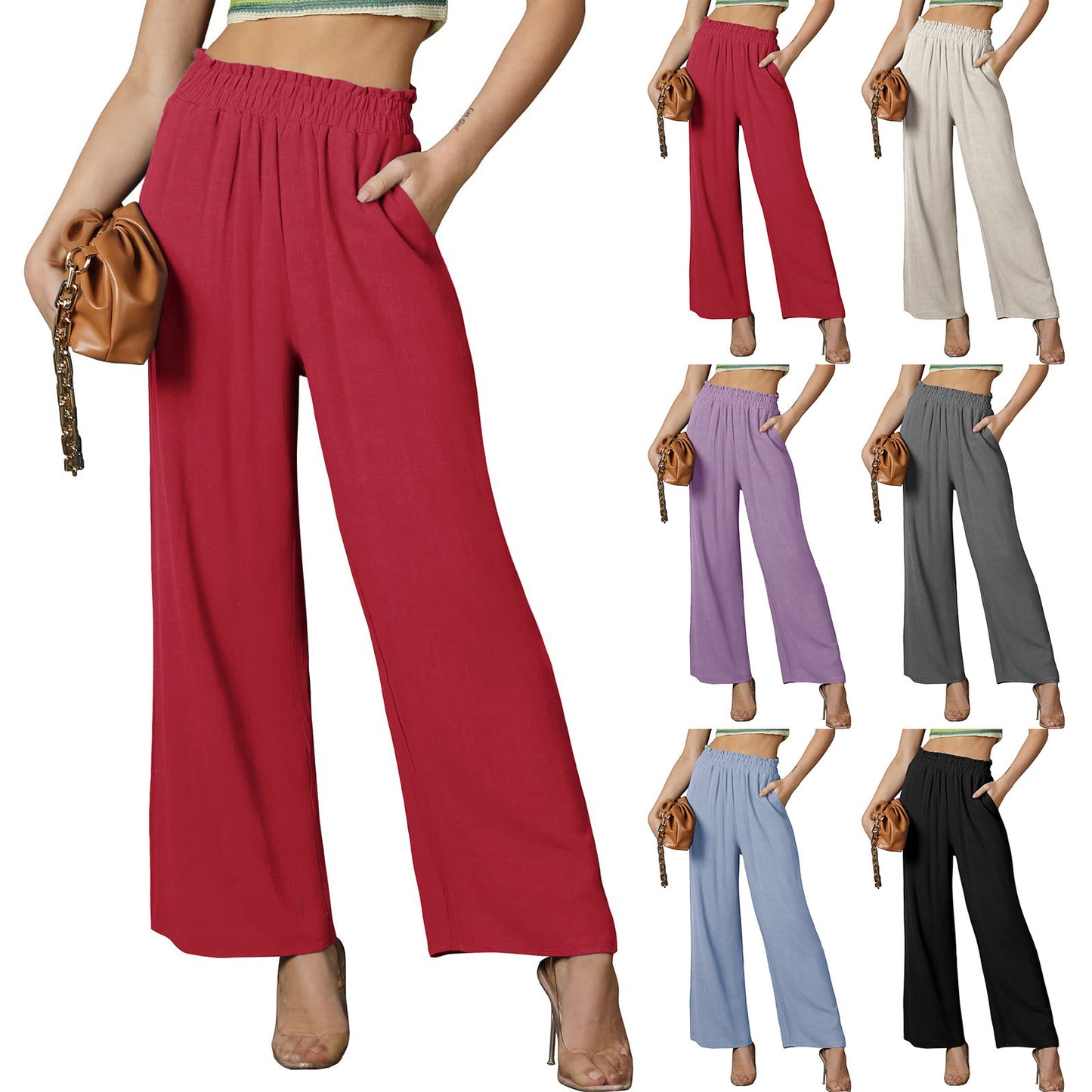 Pantalon décontracté ample de couleur unie pour femme