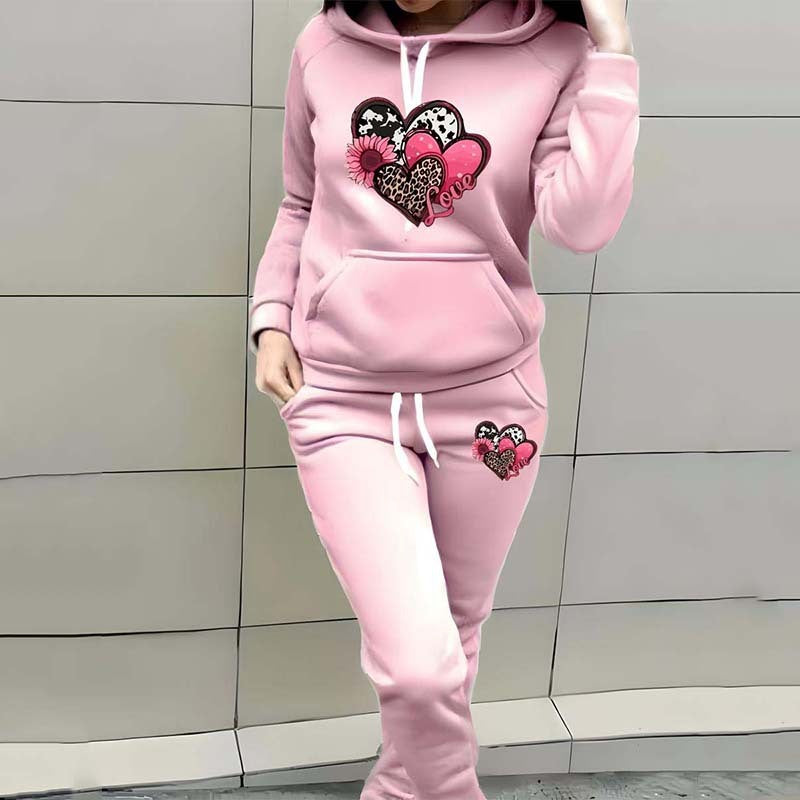 Leopard Print Heart Print Women's Casual Sports Suit Hooded Sweater