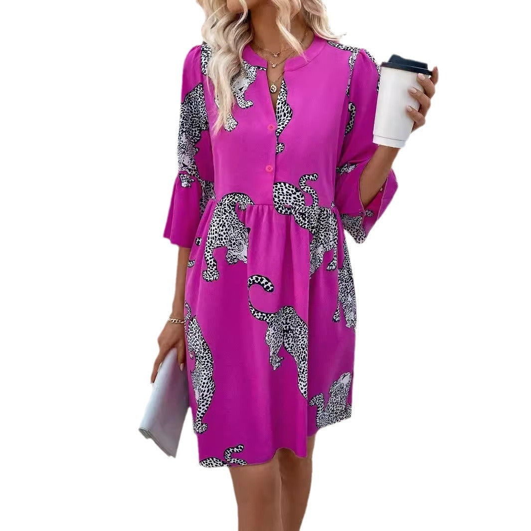 Elegant Women's Leopard Button Bell Sleeve Dress