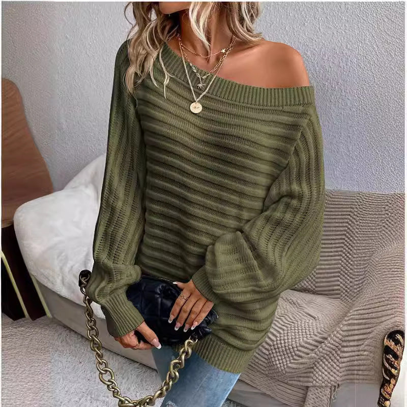 Off-neck Horizontal Pattern Sunken Stripe Pullover Knitted Top