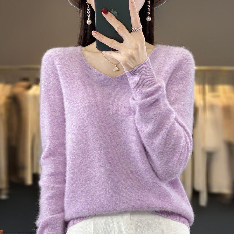 Women's Wool Sweater V-neck Autumn And Winter New Solid Color Loose-fitting Versatile Wool Loose Bottoming Shirt