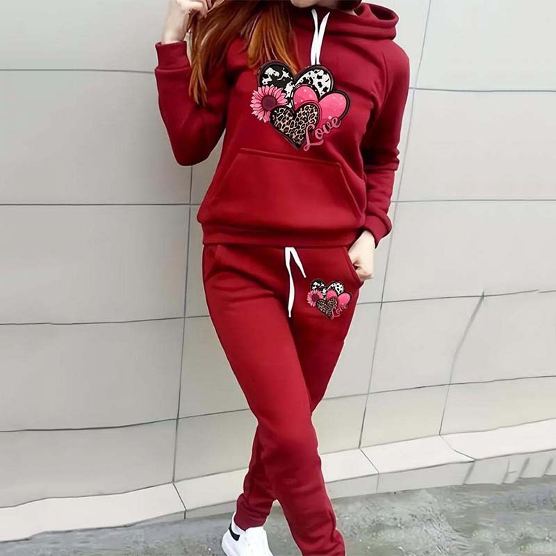 Leopard Print Heart Print Women's Casual Sports Suit Hooded Sweater