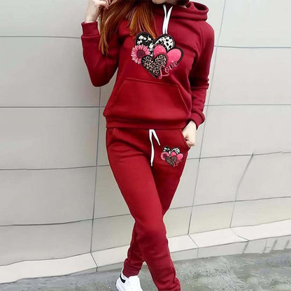 Leopard Print Heart Print Women's Casual Sports Suit Hooded Sweater