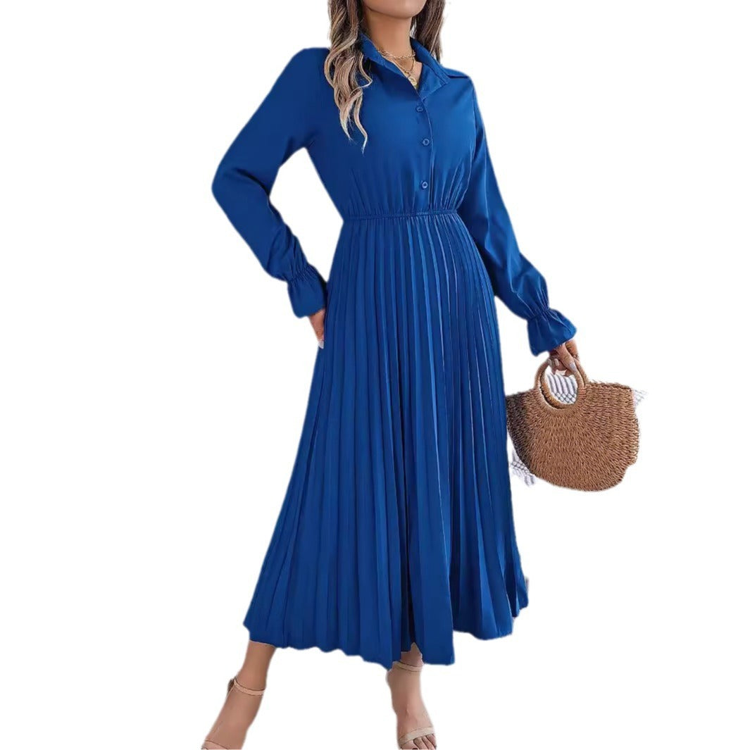 European And American Autumn And Winter Leisure Lapel Button Long Sleeve Cinched Pleated Dress