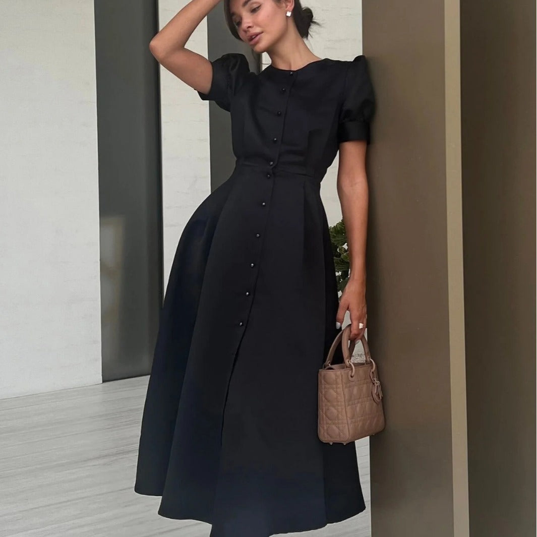 Round Neck Puff Short Sleeve Pleated Waist Tight Dress