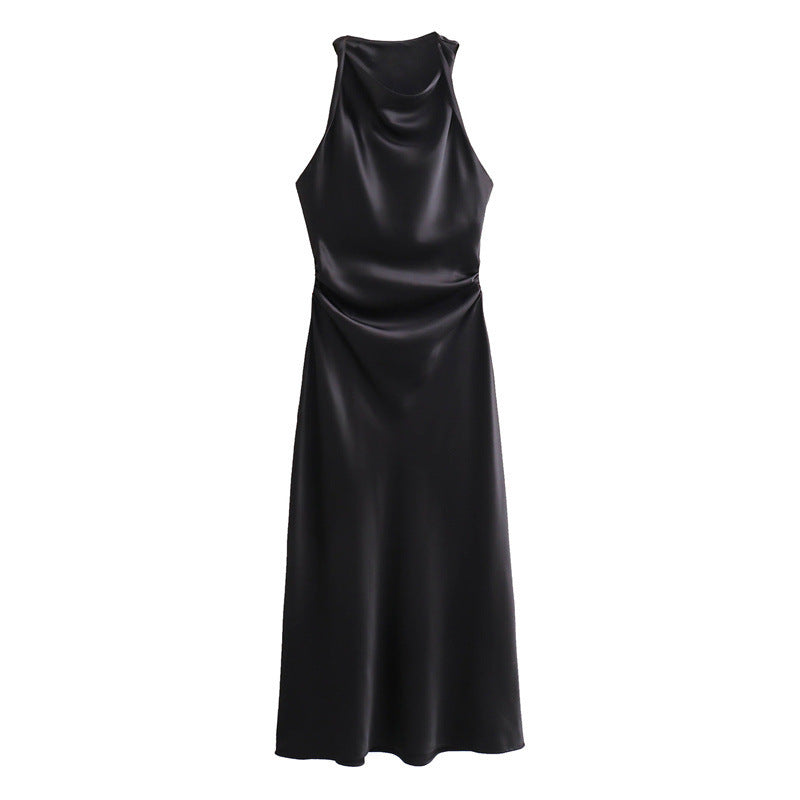 Fashion Round Neck Sleeveless Black Silk Satin Texture Dress