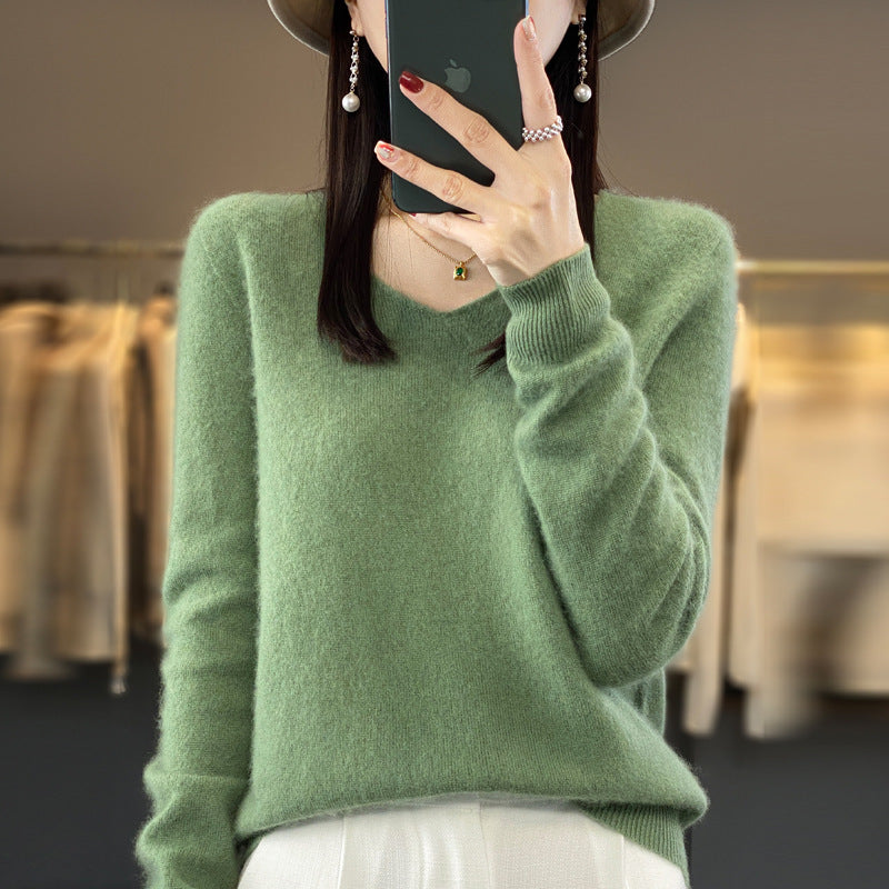 Women's Wool Sweater V-neck Autumn And Winter New Solid Color Loose-fitting Versatile Wool Loose Bottoming Shirt