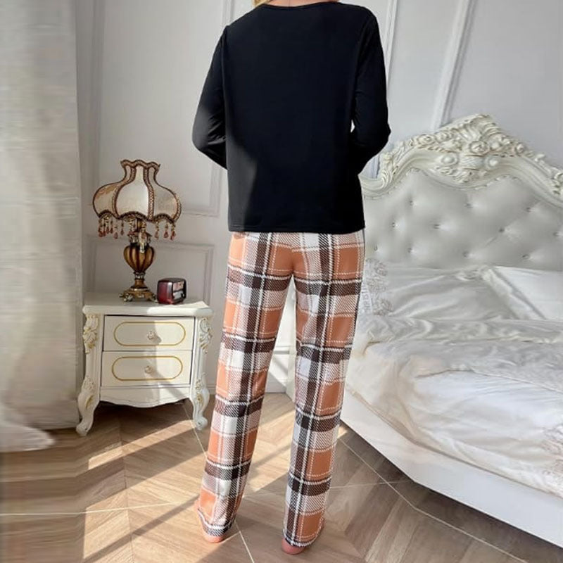 Home Wear Autumn And Winter Pajamas Suit Long Sleeve Printed Plaid Trousers Two-piece Set