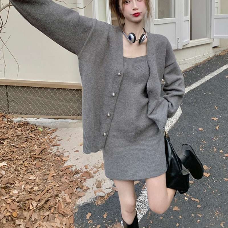 All-match Sweater With Suspenders Dress Knit Two-piece Suit