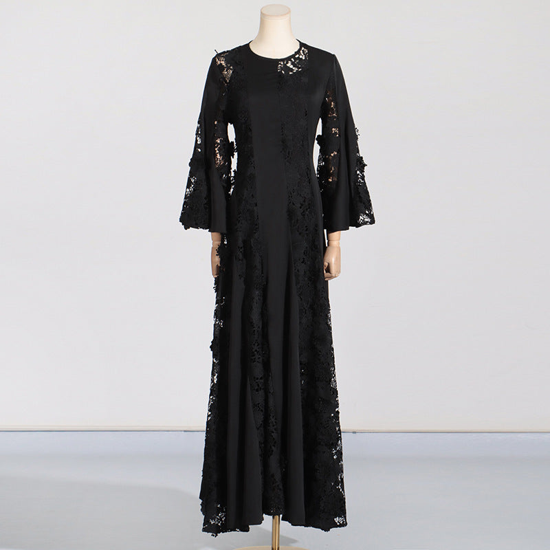 French Style Socialite Gathering Dress New Round Neck Lace Embroidery Hollow Out Solid Color Maxi Dress Women