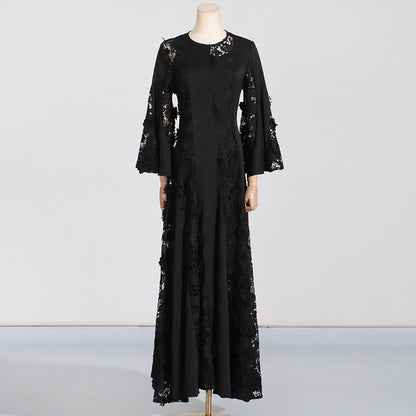 French Style Socialite Gathering Dress New Round Neck Lace Embroidery Hollow Out Solid Color Maxi Dress Women