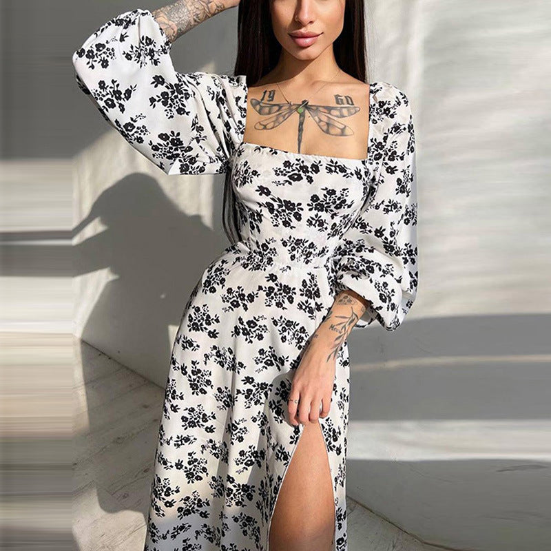 Elegant Printed Lantern Sleeve Split Dress Women