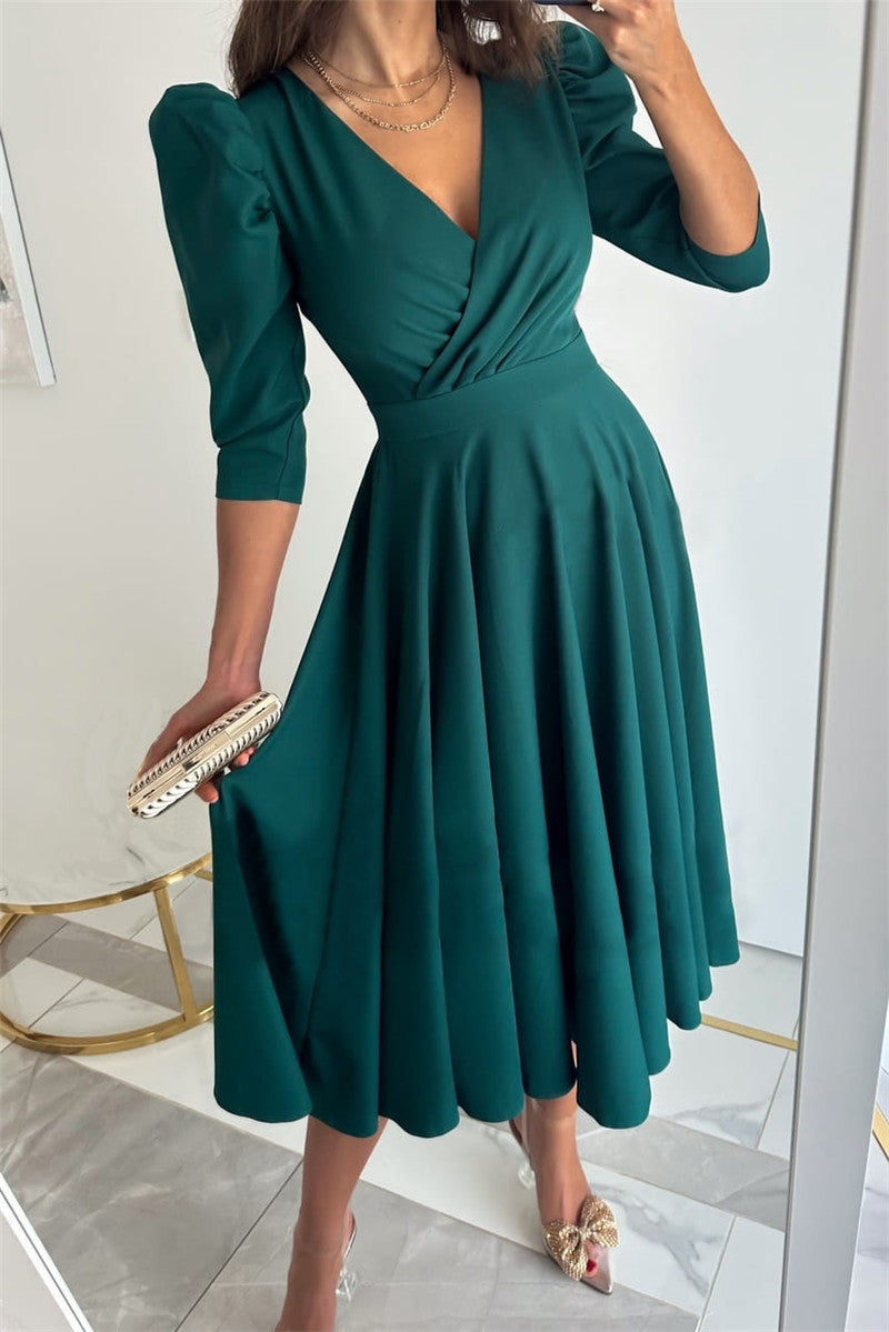 Women's Solid Color Pleated Waist Tight 34 Sleeve Swing Dress