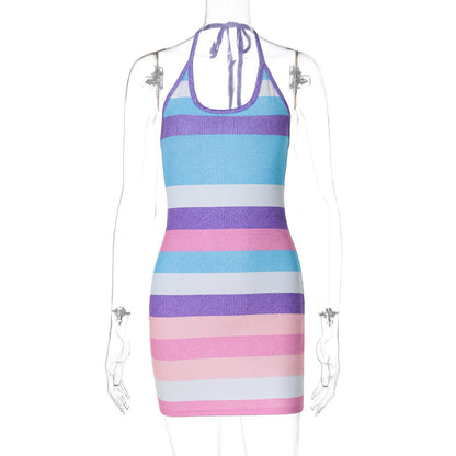 Stripes Printed Sexy Halter Backless Dress