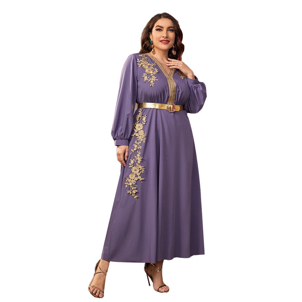 European And American Fashion Casual Plus Size V-neck Loose High Waist A- Line Dress