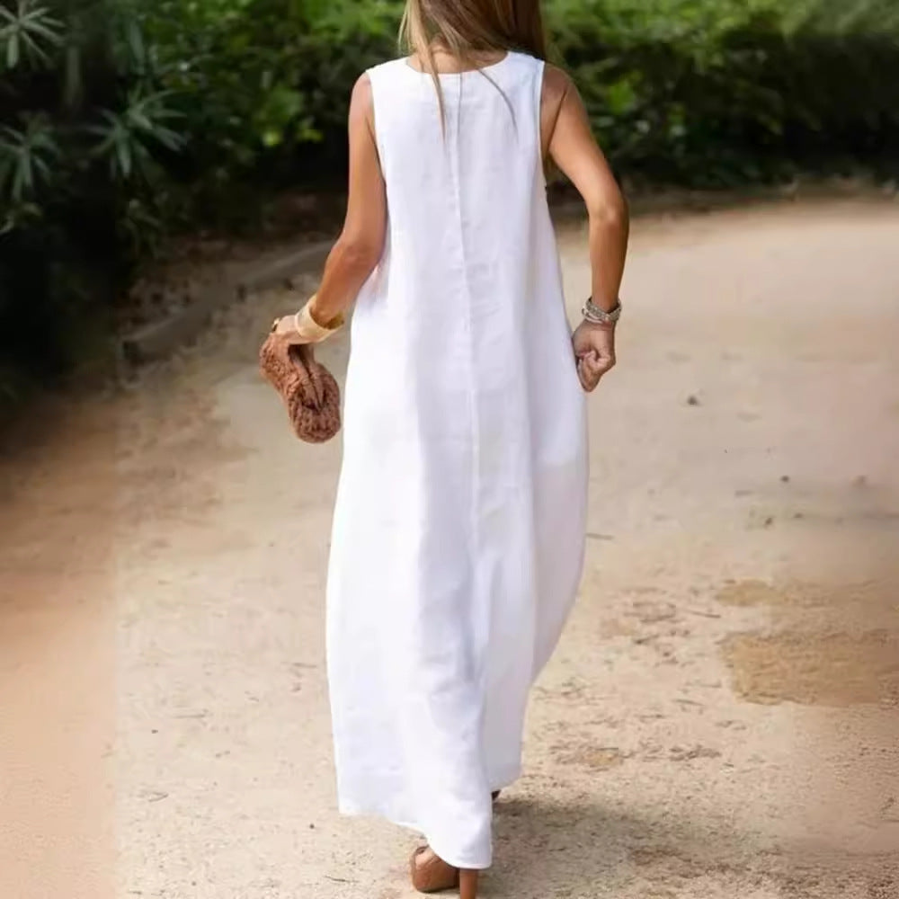 Plus Size White Cotton Linen Dress