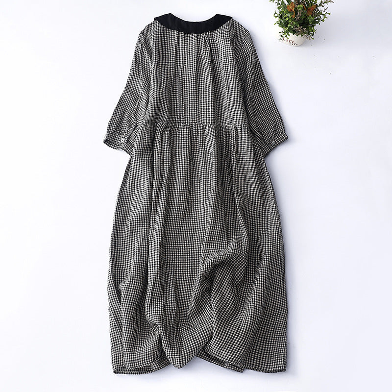 Shirt Dress Women's Artistic Style Tartan Linen Waist Long Skirt