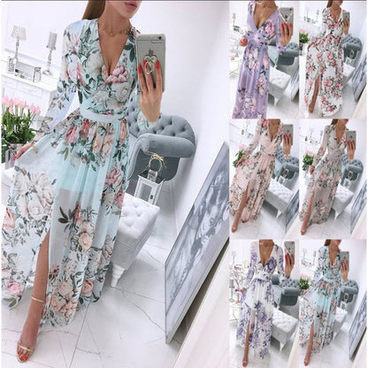 Summer Long-sleeve V-neck Chiffon Printed Bohemian Dress Women