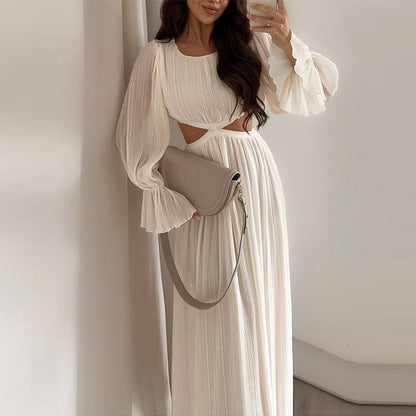 Solid Color Puff Sleeves And Waistless Pleated Dress