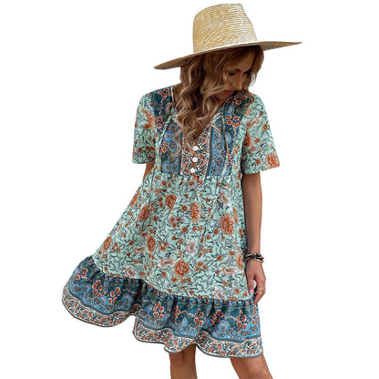 European And American Small Floral V-neck Loose Casual Bohemian Vacation Style Dress