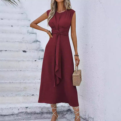 Solid Color Waist Tight Tied Dress Women