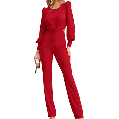 Women's Straight Round Neck Long Sleeve Backless Slim Fit Jumpsuit