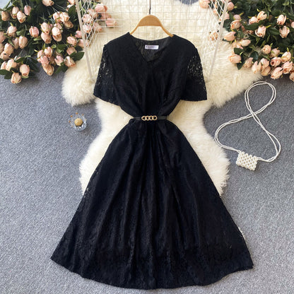 Irregular V-neck Lace-up Waist-controlled Slimming Loose Swing Dress