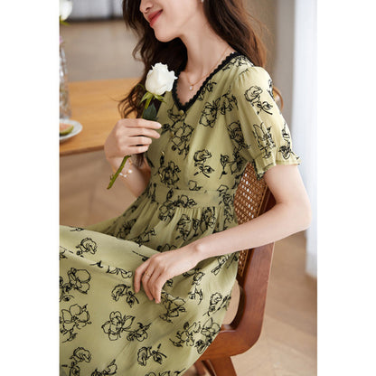 V-neck Patchwork All-match Texture Chiffon Flocking Dress