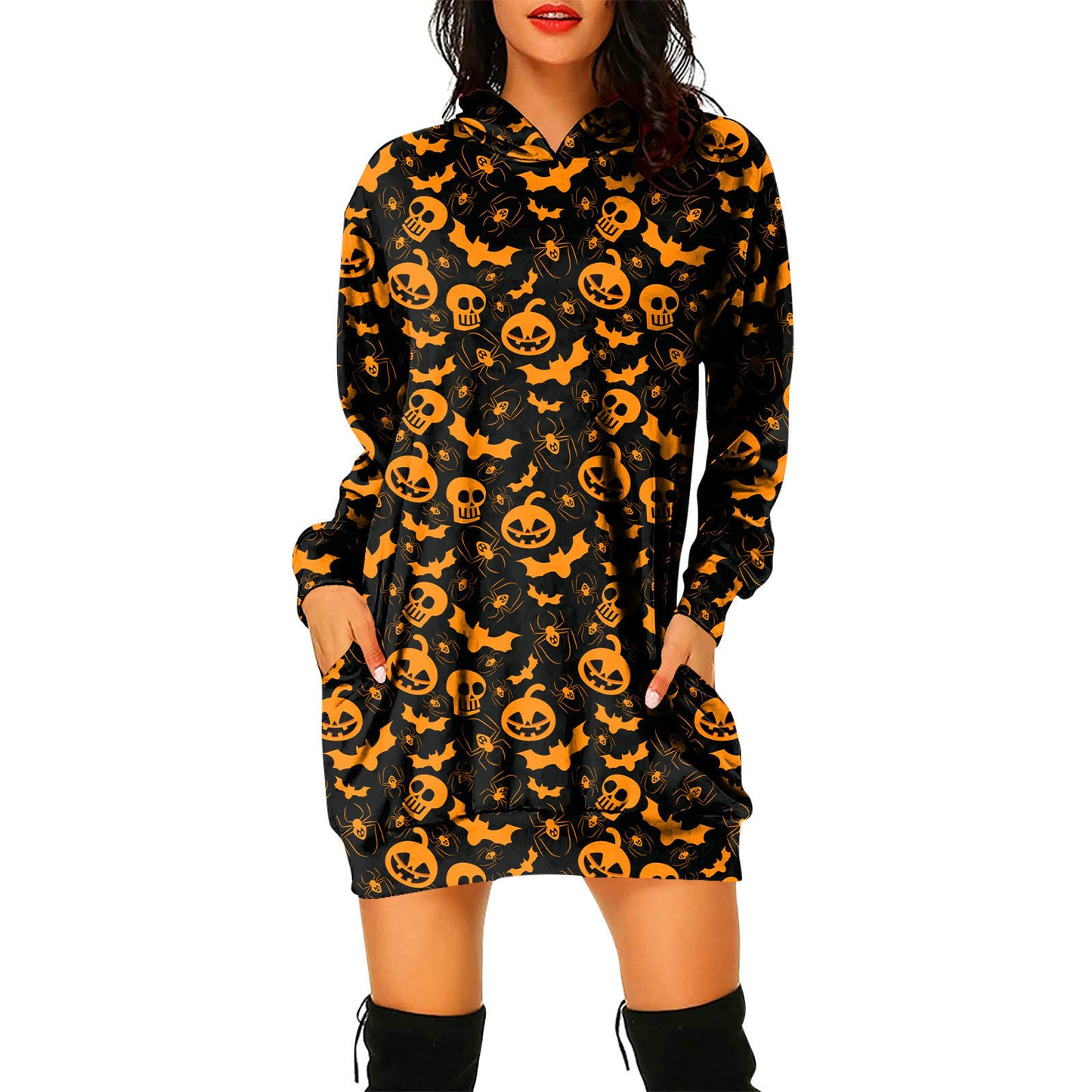 Halloween Theme Women's Pullover Hooded Sweater Dress