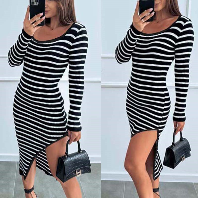 Autumn And Winter New Striped Printed Side Slit Elegant Dress