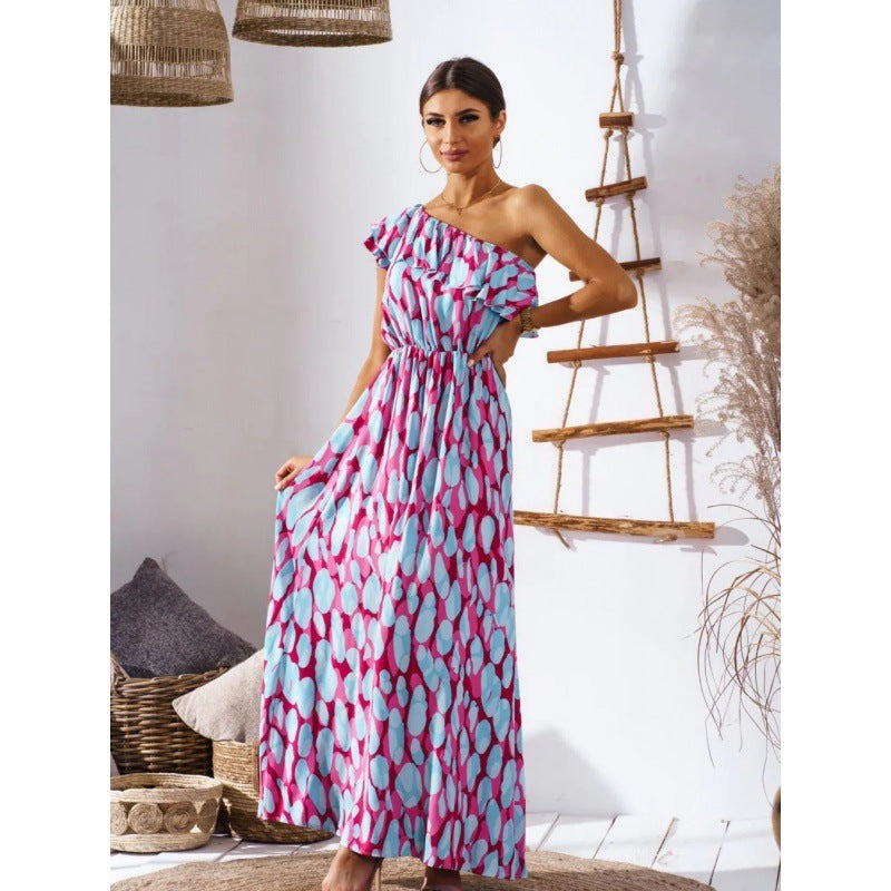 Europe New Off-the-shoulder Fitted Waist Printed Long Dress