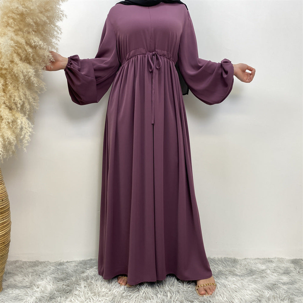 Muslim Simple Design Solid Color Stretch Sleeves, Front Zipper Elegant Swing Dress