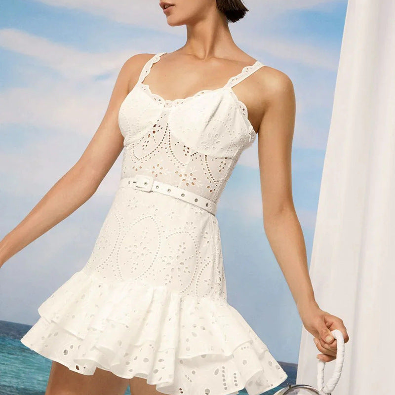 Machine Embroidery Sexy Spaghetti-strap Ruffle Dress Waist Slimming Short Temperamental Skirt