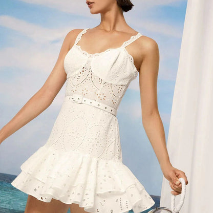 Machine Embroidery Sexy Spaghetti-strap Ruffle Dress Waist Slimming Short Temperamental Skirt