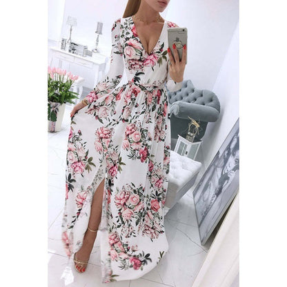 Summer Long-sleeve V-neck Chiffon Printed Bohemian Dress Women