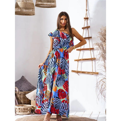 Europe New Off-the-shoulder Fitted Waist Printed Long Dress