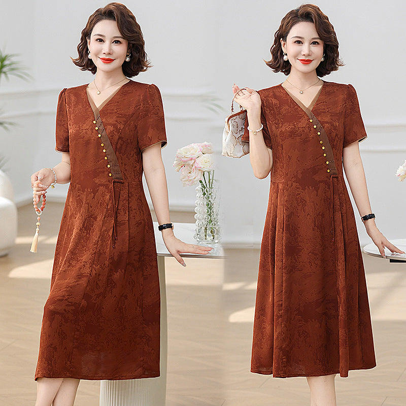 Chinese Style Mom Summer Clothes Dress Mid-length Western Style Middle-aged Temperament Slimming