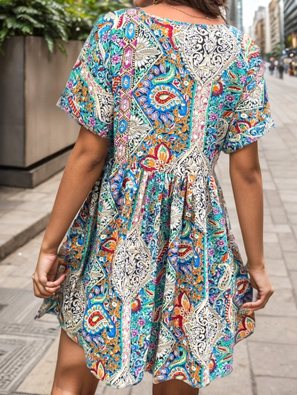 V-neck Loose Printed Pleated Dress