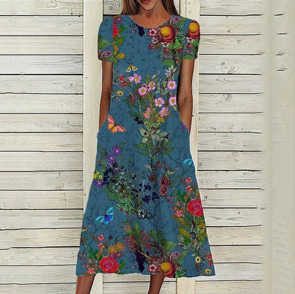 Printed Short Sleeve Pullover Round Neck Dress