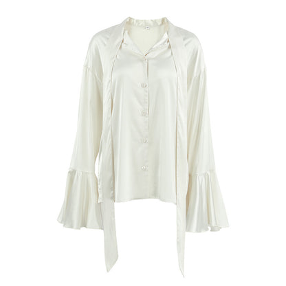 Satin Tie-neck Bell Sleeve Ruffled Tied Shirt