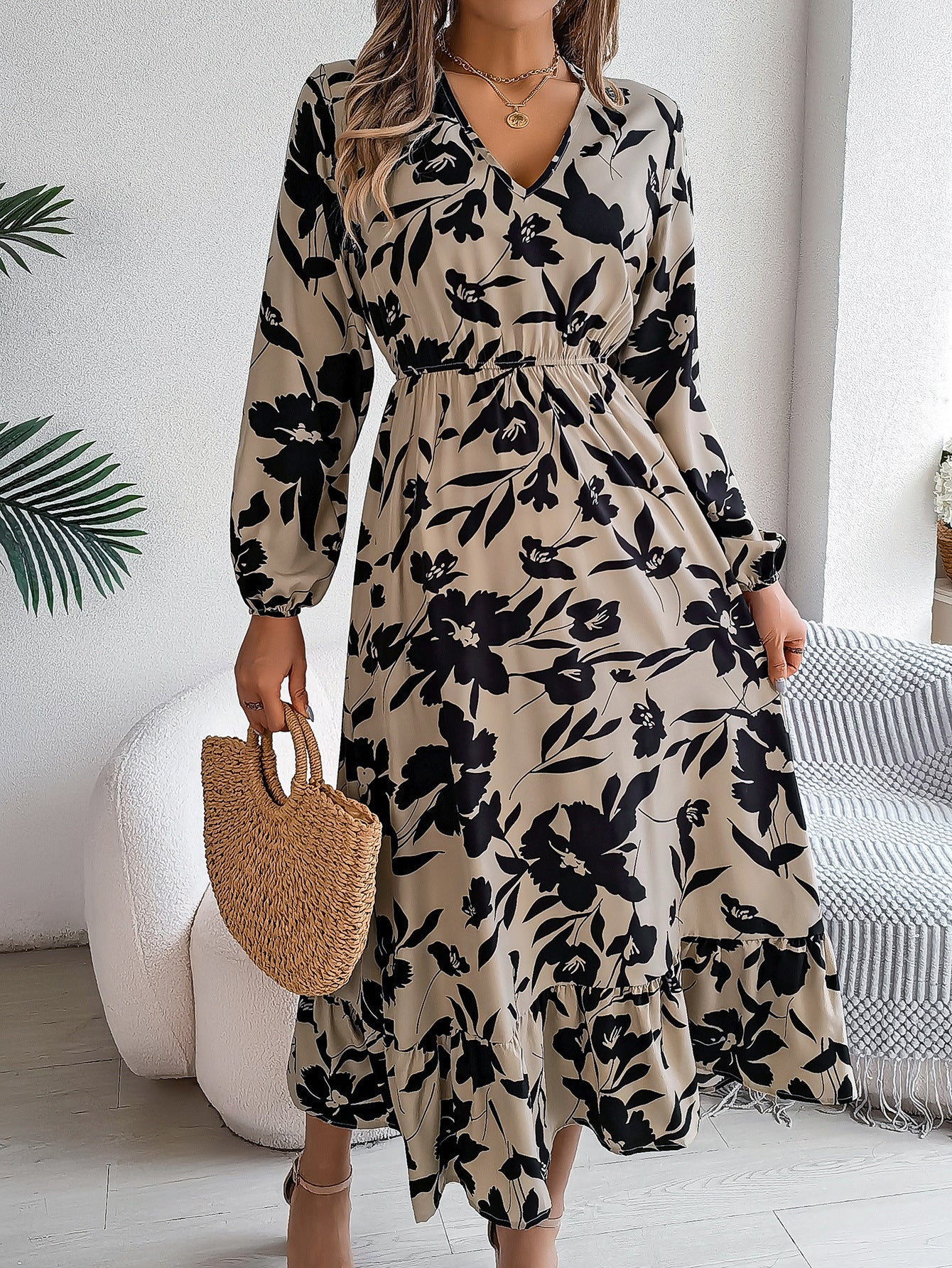 Leisure Flower Waist-controlled Long Sleeves Ruffled Dress