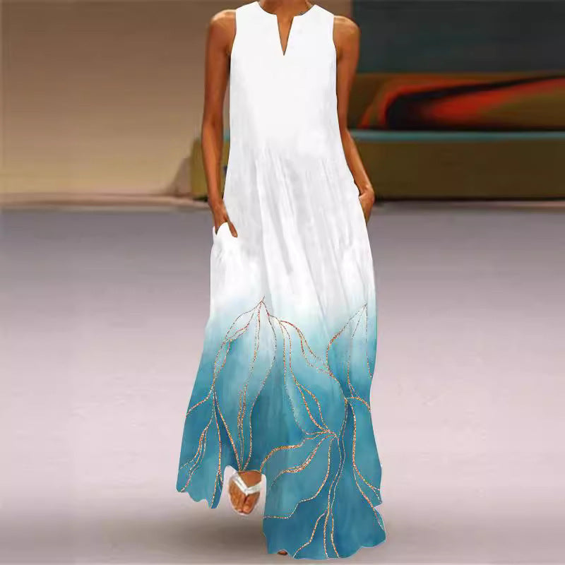 Spring And Summer Fashion Printed Pocket Long Dress