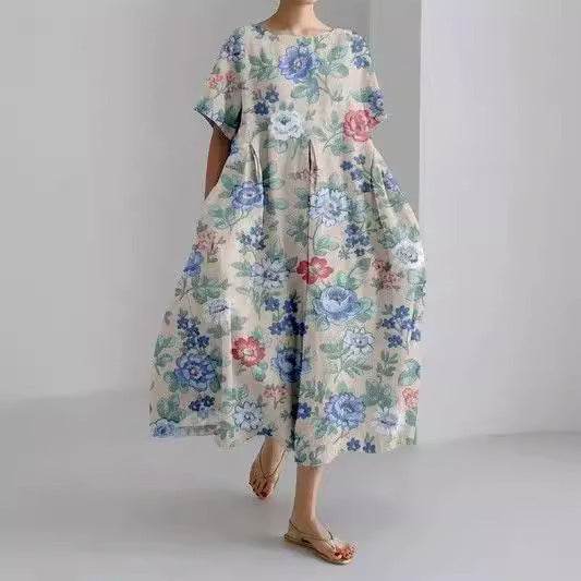 Robe imprimée 3D à col rond et manches courtes pour femmes, grande taille