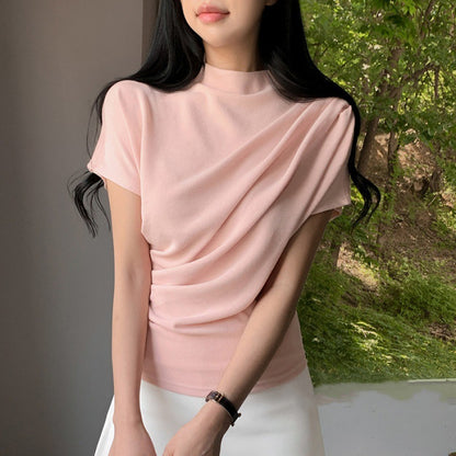 French Turtleneck Short Sleeve T-shirt Women's Short Waist-controlled Top