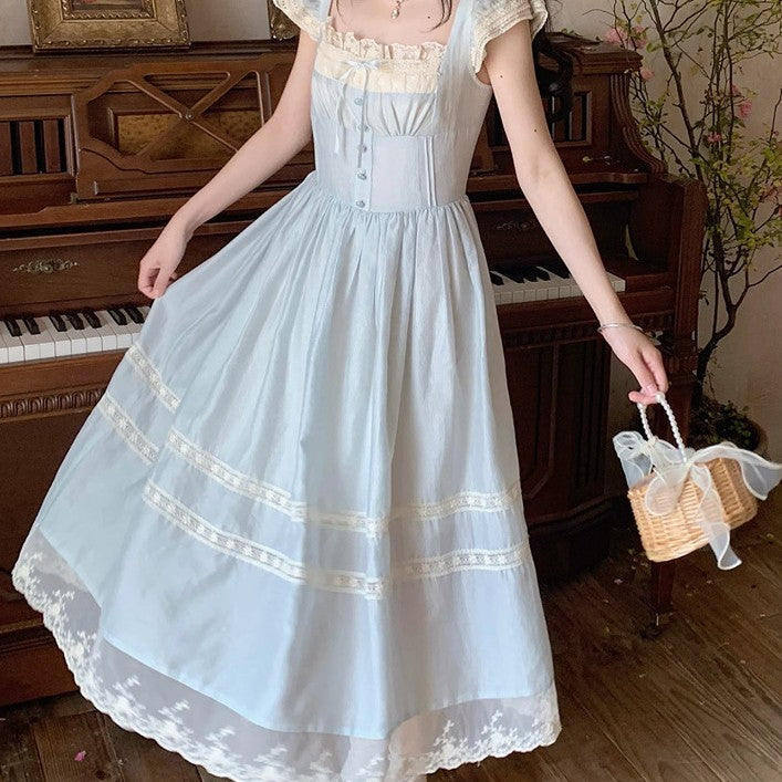 Lace Bow Blue Long Dress Female