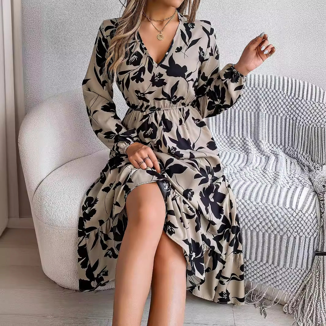 Leisure Flower Waist-controlled Long Sleeves Ruffled Dress