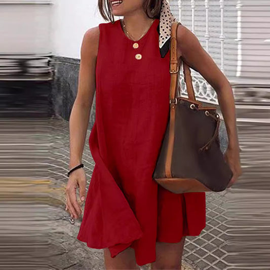 Round Neck Sleeveless Solid Color Cotton And Linen Mini Dress