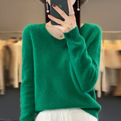 Women's Wool Sweater V-neck Autumn And Winter New Solid Color Loose-fitting Versatile Wool Loose Bottoming Shirt