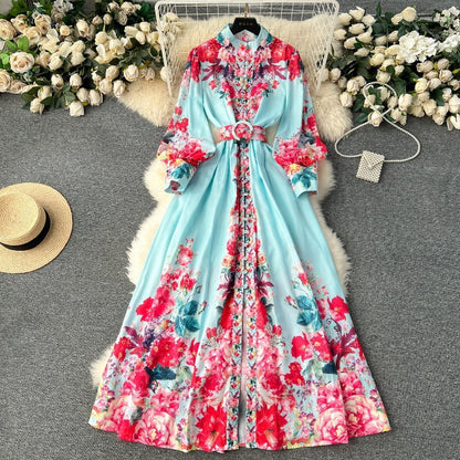 Women's Spring And Autumn New High-grade Stand Collar Lantern Long Sleeve Waist-tight Printed Dress